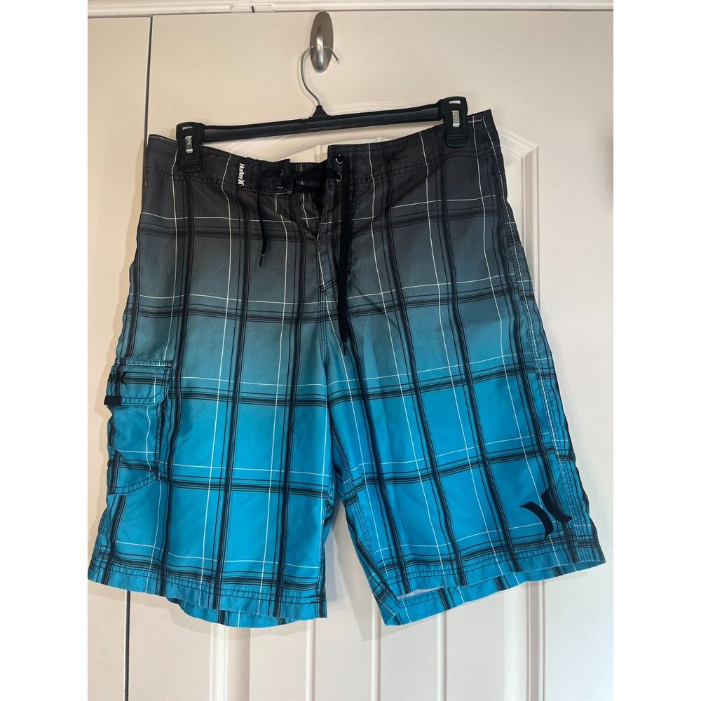 Hurley Men's Plaid Board Shorts Size 32 Blue Black Cargo Swim Trunks